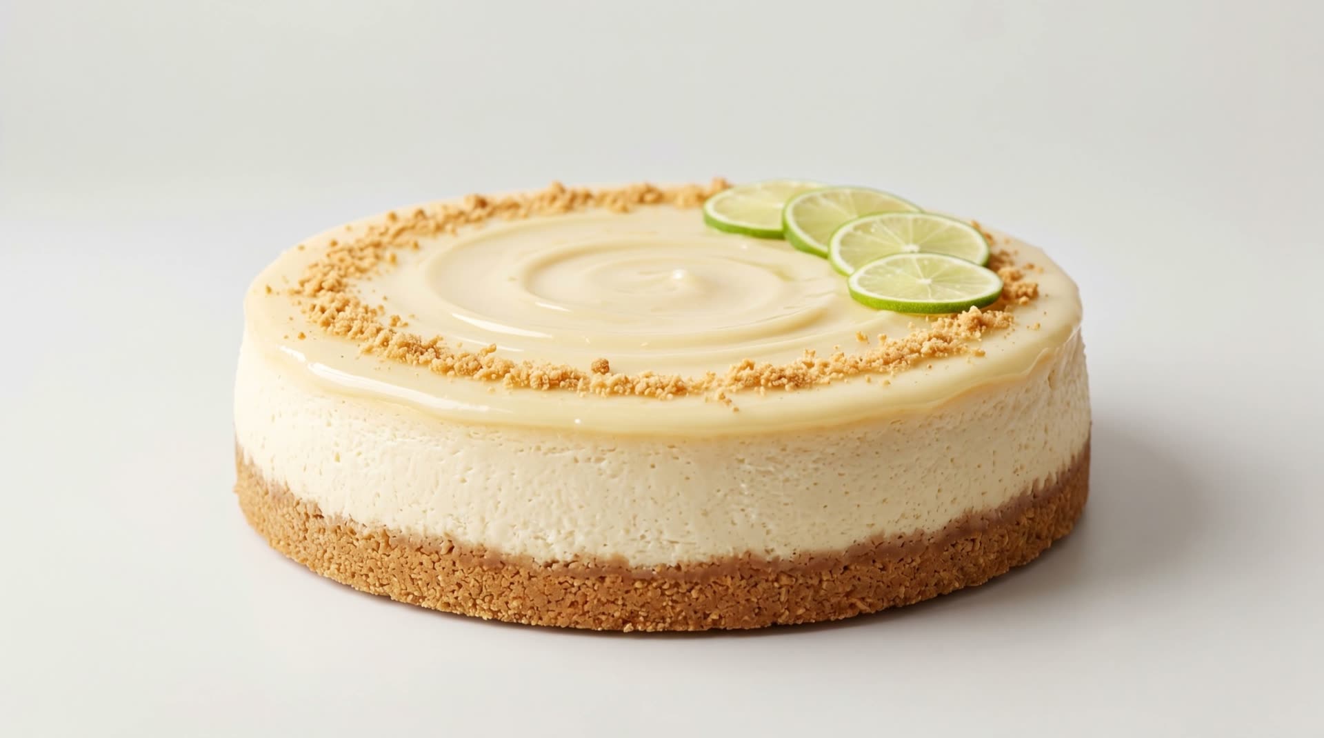 Key Lime Cheesecake — overhead view of a swirled key lime cream filling on a golden brown-sugar graham crust.